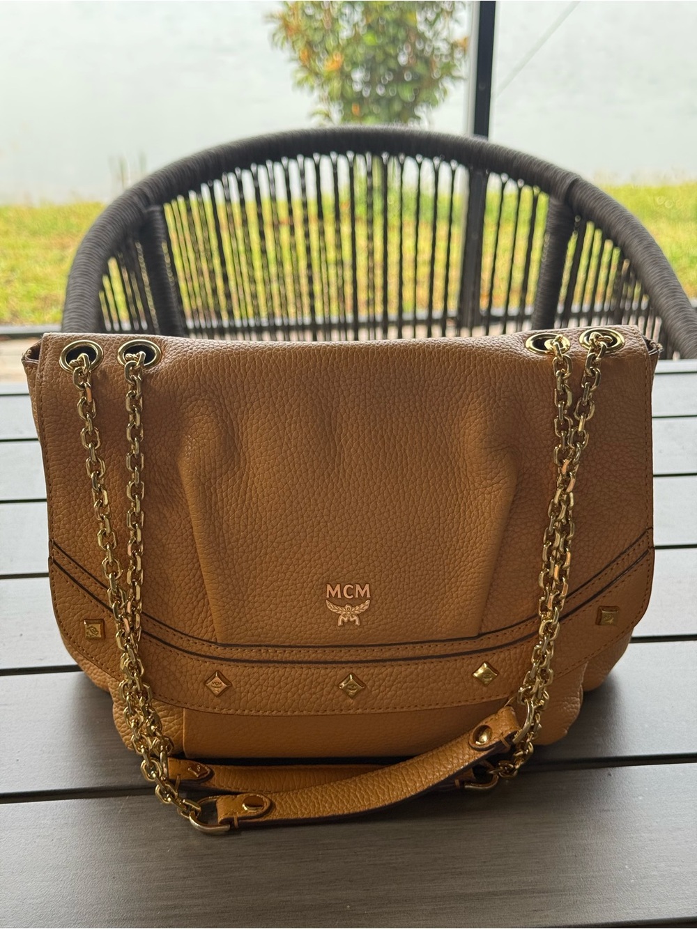 MCM light Brown Leather Shoulder Bag with Gold Chain Straps